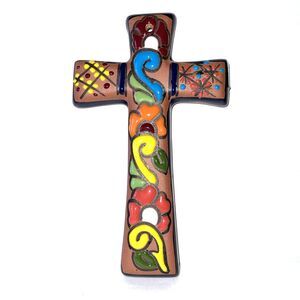 Hecho En Mexico Cross 7.5” Hand Painted Pottery Terracotta Enamel Wall Hanging